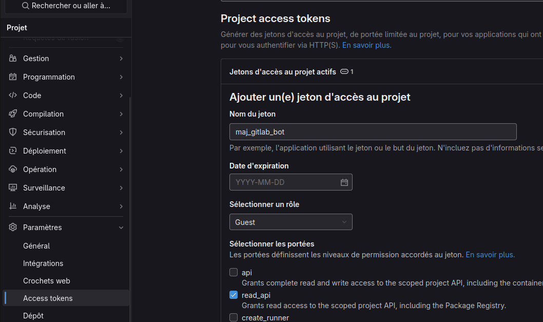 Capture d'écran de Gitlab pour créer le robot de mise à jour Gitlab